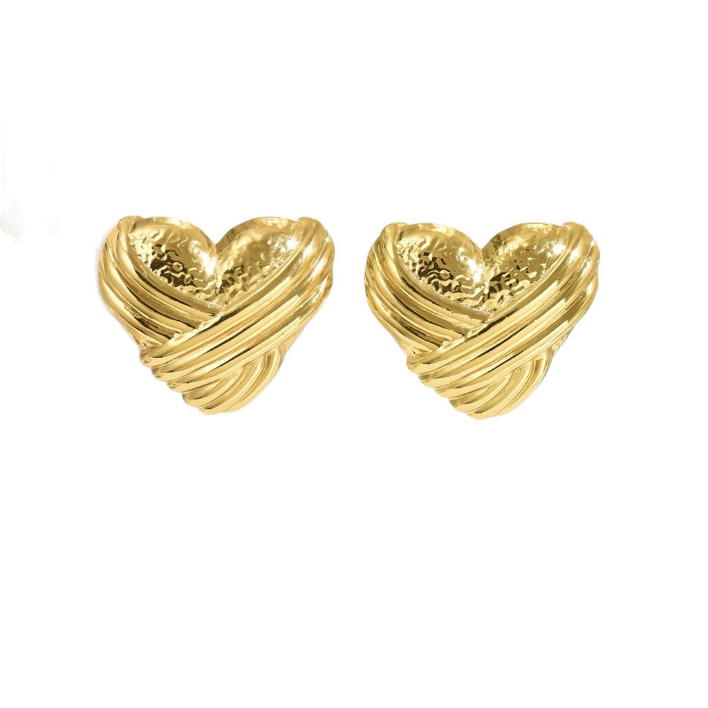 Retro Textured Heart Earrings – Waterproof Gold Stainless Steel Earrings