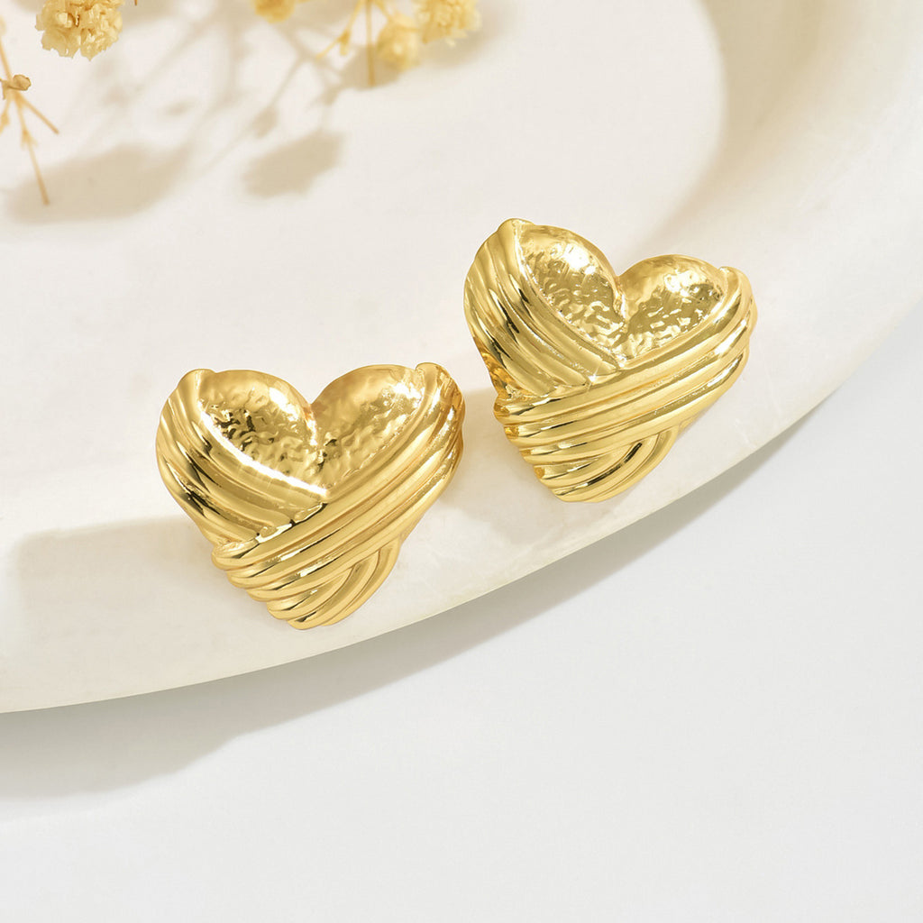 Retro Textured Heart Earrings – Waterproof Gold Stainless Steel Earrings